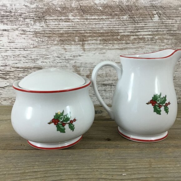 Cuthbertson American Christmas Tree Creamer & Sugar Bowl Set Porcelain Red Trim - Picture 3 of 10